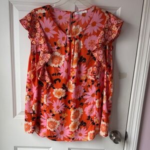 DR2 Orange Floral Ruffle Sleeve Blouse with Pink Accents